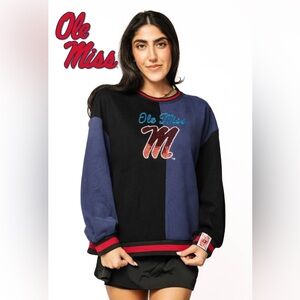 New! QUEEN OF SPARKLES Licensed Ole Miss Colorblock Oversized Sweatshirt
